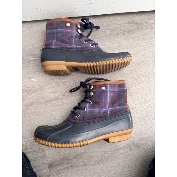 Tommy Hilfiger Tartan Plaid Navy Waterproof Preppy Duck Boots Zip Side Sz 8 - Picture 4 of 9
